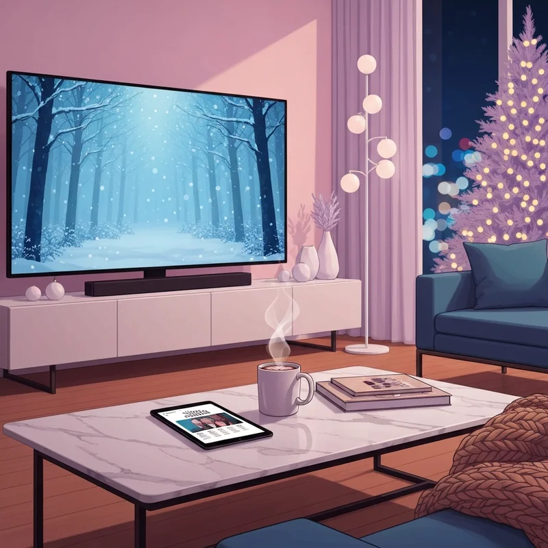 A cozy modern living room setup for watching new christmas movies 2024 with a digital calendar and festive decorations.