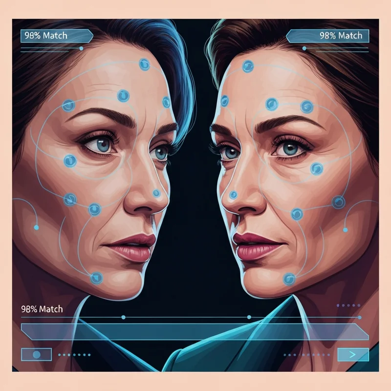 A high-tech facial recognition interface comparing two photorealistic female faces to identify a pornstar lookalike with data overlays.
