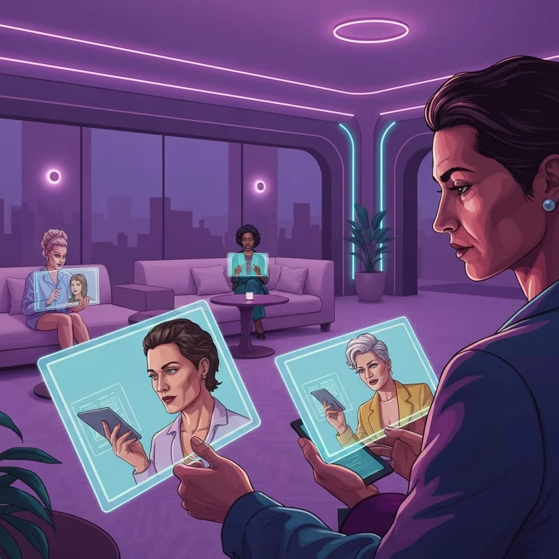 A diverse group of stylish individuals in a neon-lit digital space representing the discovery of shemales and trans-inclusive communities.