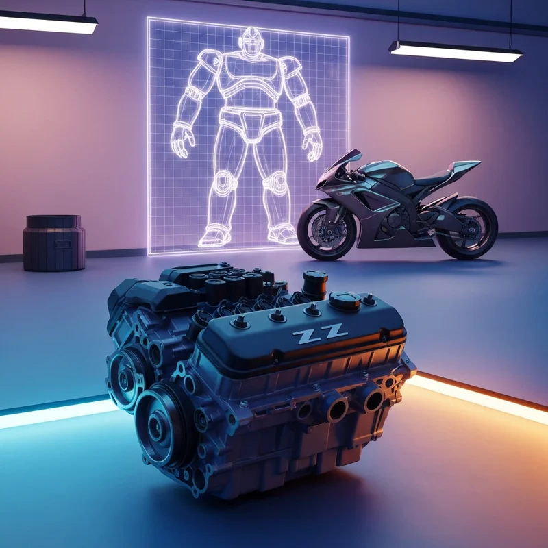 A conceptual collage showing a high-performance automotive engine, a futuristic mecha blueprint, and a sleek sport motorcycle, representing the diverse entities of the ZZ series.