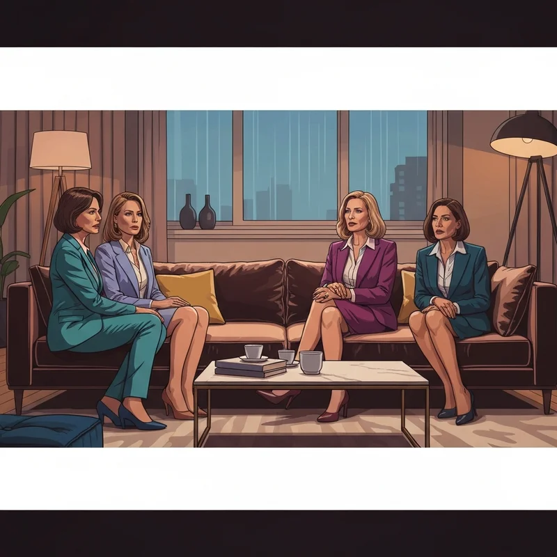 A group of stylishly dressed women in a modern lounge setting focusing their attention on a central subject in a power-dynamic cfnm show scenario.