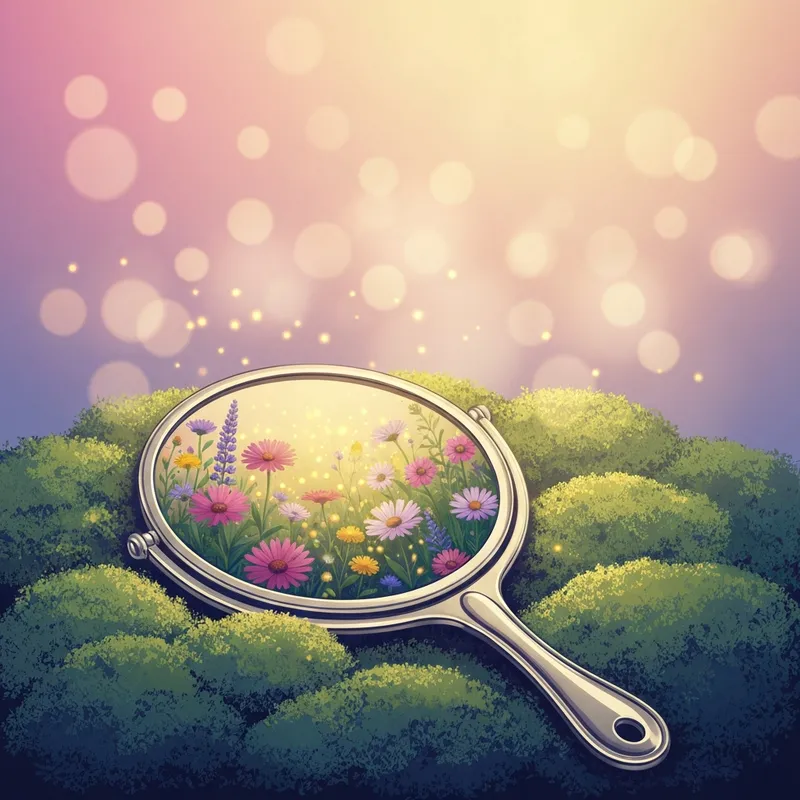 A soft, cinematic conceptual image representing inner beauty and the search for the ugliest people world, featuring a glowing mirror reflecting a vibrant garden.