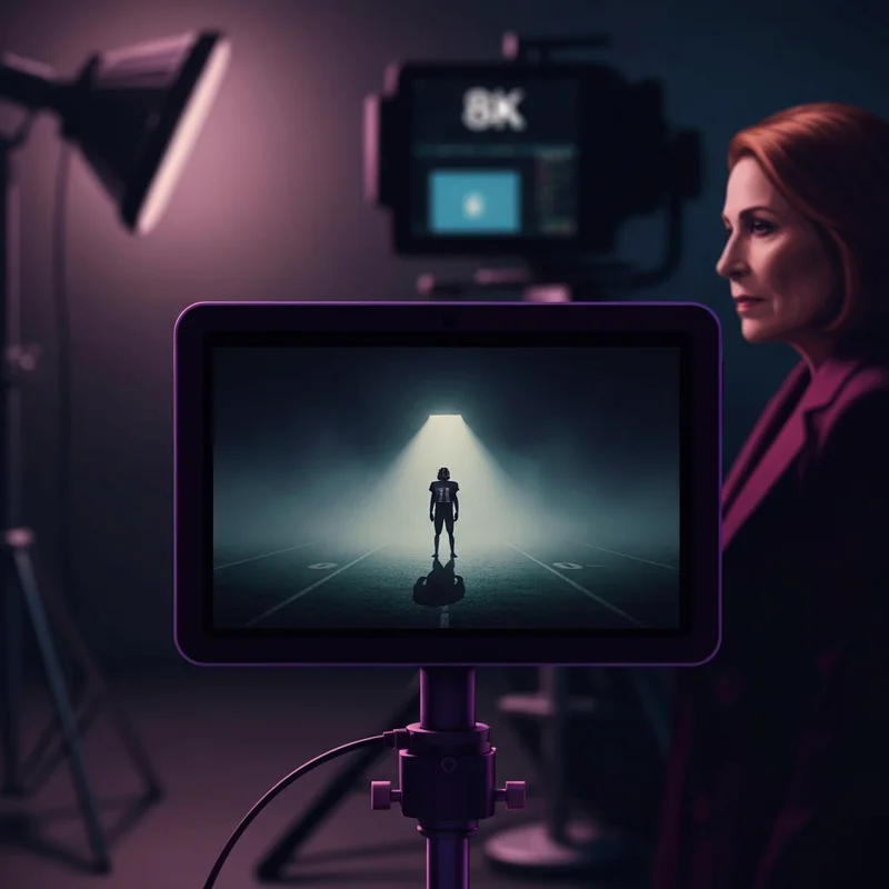 Cinematic director's monitor displaying a scene from a justin tipping movies psychological horror set.