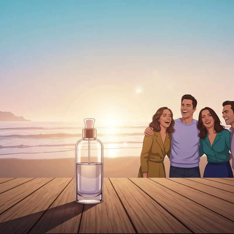 A cinematic representation of the summer nude aesthetic featuring a sun-drenched beach scene and a minimalist glass perfume bottle.