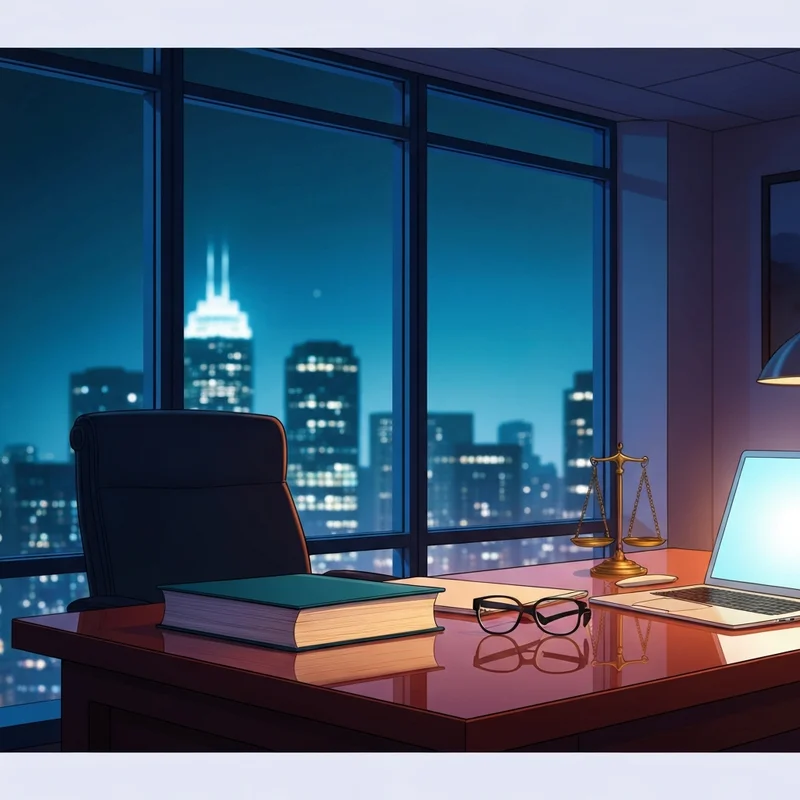 A stylish, cinematic view of a modern glass-walled office at night, featuring a legal professional's desk with a law book and a laptop, in the style of legal drama tv shows.