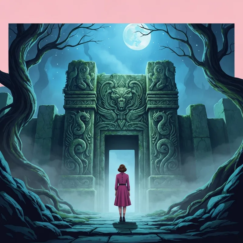 Mračna i magična scena iz filma Panov Lavirint koja prikazuje devojčicu ispred kamenog ulaza