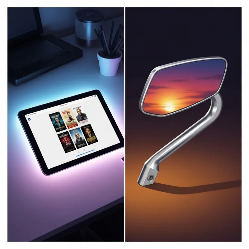 A sleek digital interface displaying movie trailers alongside a high-tech glassless motorcycle mirror for the keyword moview.