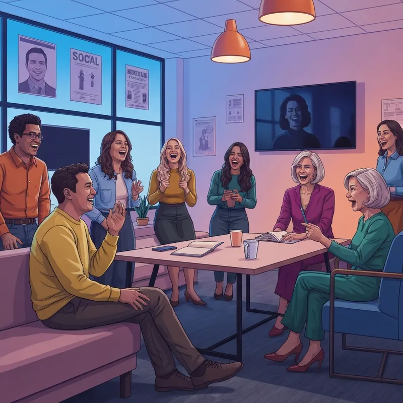 A cinematic depiction of diverse college students sitting around a dorm room watching fraternity films on a glowing screen.