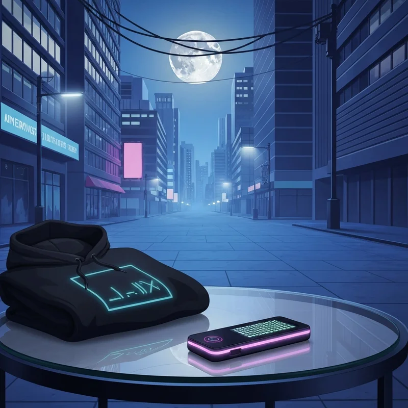A futuristic neon-lit city street at night featuring a sleek digital device and aesthetic streetwear, capturing the moonight vibe.
