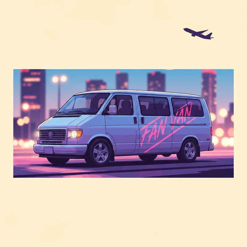 A modern, neon-lit van parked on a city street at night, symbolizing the fan van digital trend.