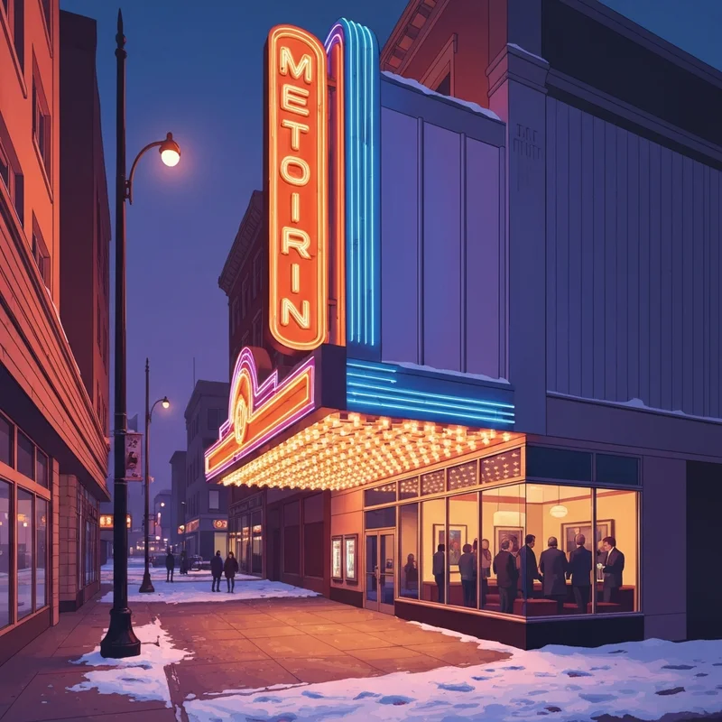 The vibrant neon marquee of a classic downtown cinema theater representing the winona 7 cec theater experience.