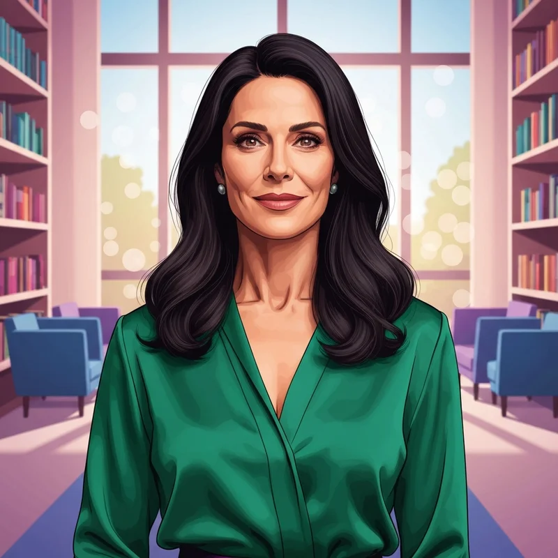 A sophisticated mature woman with long wavy hair and a confident smile, representing the boy meets milf cultural icon archetype.