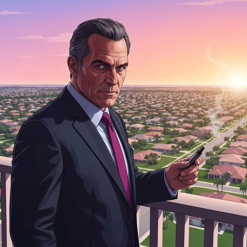 A cinematic representation of 99 homes michael shannon featuring a sharp-suited man overlooking a suburban landscape.