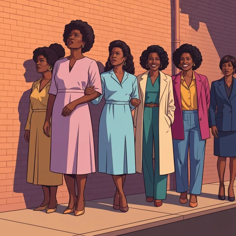 The powerful women of brewster place cast depicted as timeless archetypes of strength and grace against a city backdrop.