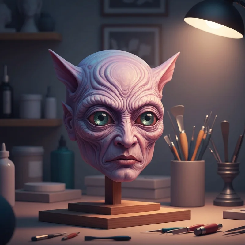 A professional-grade realistic mask head being hand-painted in a studio setting.