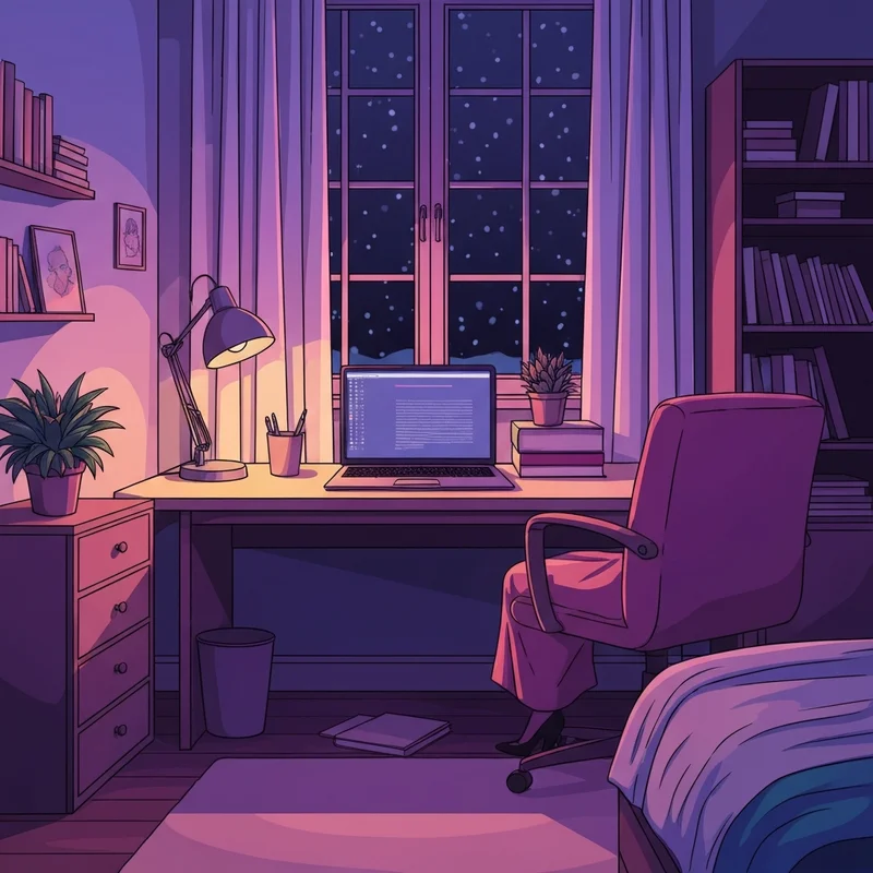 A peaceful lo-fi aesthetic study room with a view of a snowy window, representing the music of l'eupe and producer Peter Leupold.