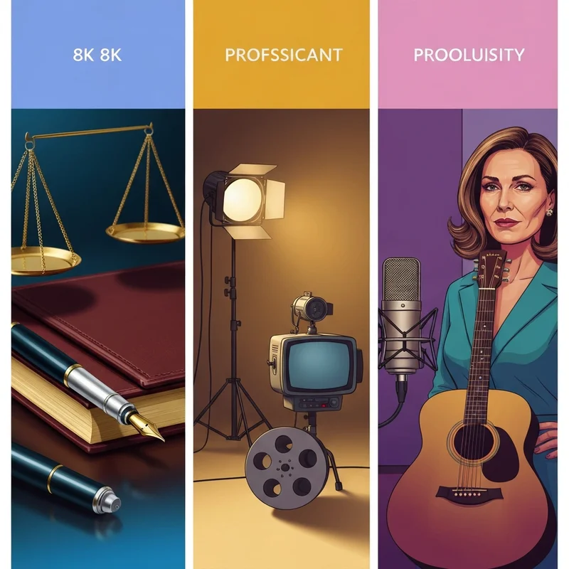 A multi-paneled conceptual portrait representing the different professional identities of Stephanie Hayden: a legal gavel, a television production camera, and a musical microphone.