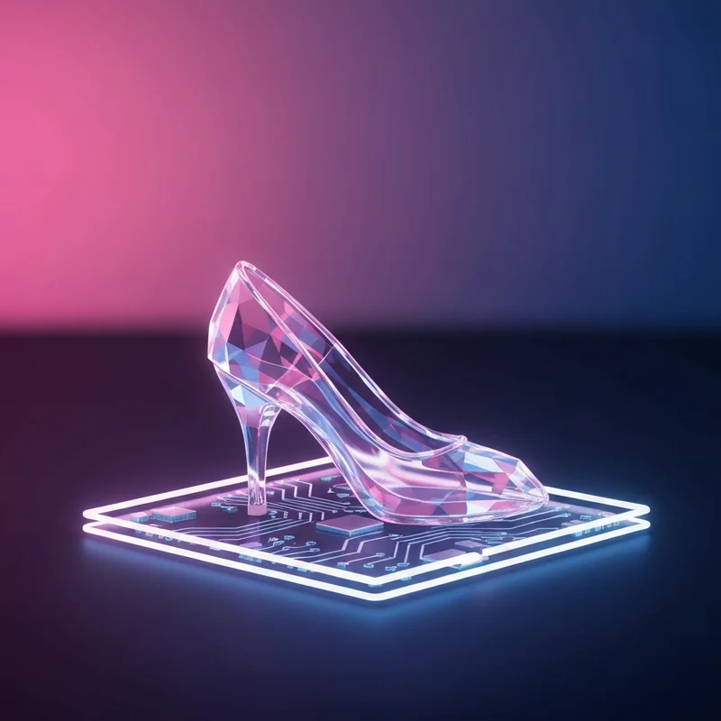A digital art representation of a glowing glass slipper on a circuit board, symbolizing the sinserella identity and security theme.