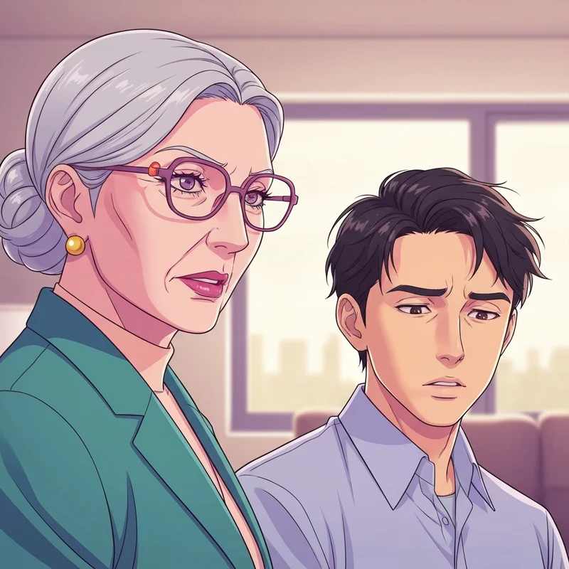 A digital illustration of two anime-style characters, a young man and a stylish young woman, standing in a modern kitchen reflecting the big tits step sister trope dynamics.