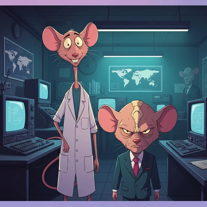 Ilustración de dos ratones de laboratorio, uno alto y delgado y otro pequeño con cabeza grande, planeando frente a un mapa mundial en un laboratorio oscuro, estética pinky y cerebro.