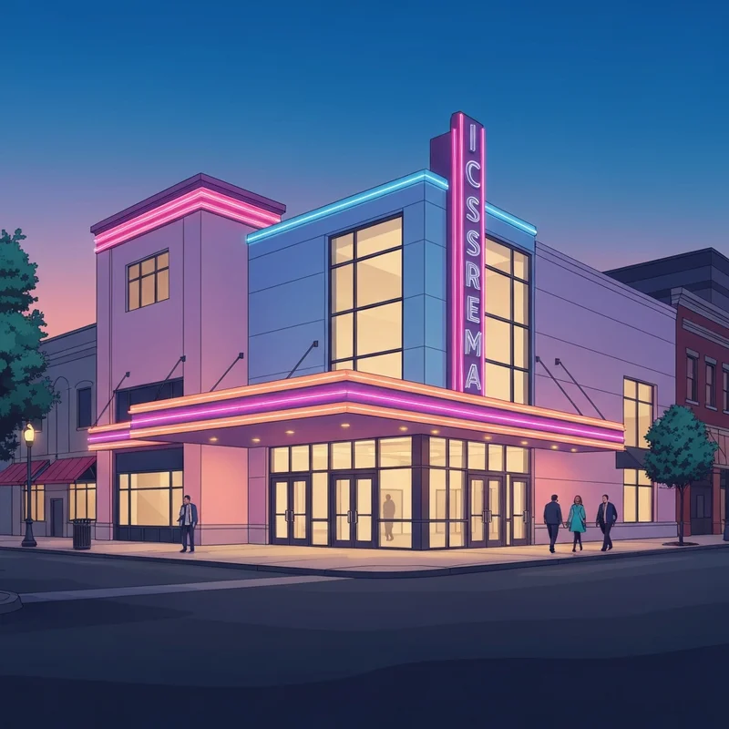 The exterior of a modern 12-screen movie theater in Downtown Lodi CA at night with vibrant neon signs.