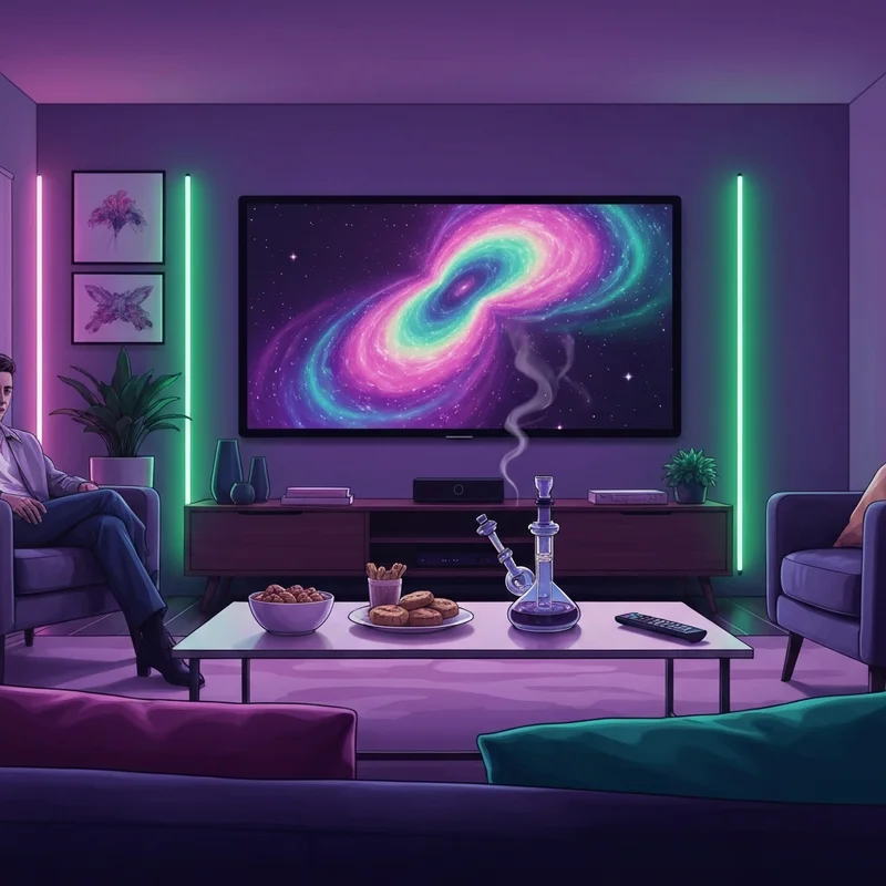 A cinematic living room setup with neon lighting, a large screen showing a trippy visual movie, and cozy vibes, representing movies with weed for a 2025 audience.