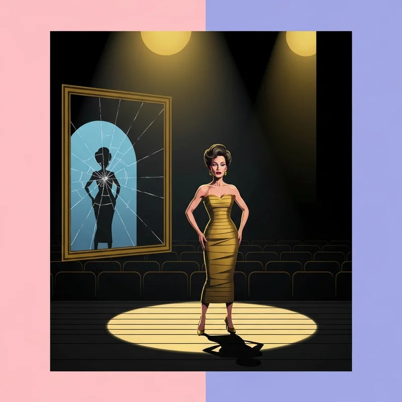 A cinematic representation of an unconventional beauty icon standing confidently on a stage, proving the 'ugly actress' trope wrong.