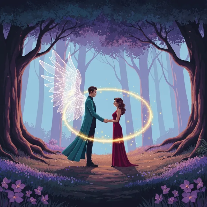 A cinematic, ethereal scene representing fae love with a mysterious cloaked figure and a glowing magical bargain in a moonlit forest.