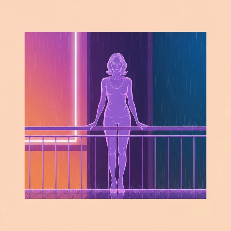 Digital lavender hologram projection of a woman in a cyberpunk city featuring ana de armas blade runner themes.