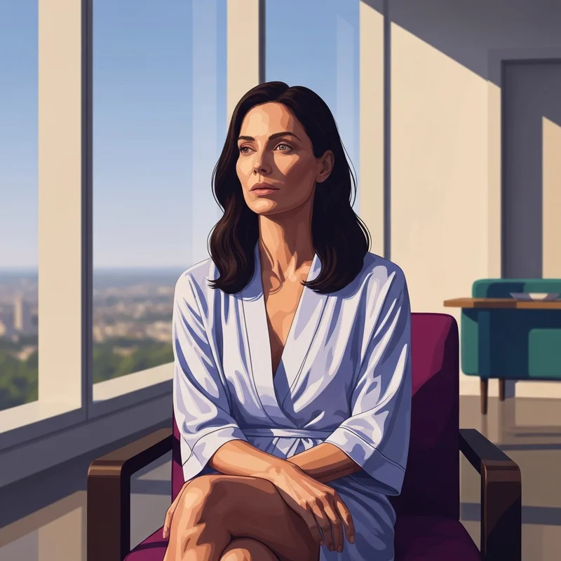 A cinematic, high-fidelity portrait of a petite brunette woman with a girl-next-door aesthetic, sitting in a luxury modern interior with warm, professional lighting, representing the legacy of megan rain anal performances.