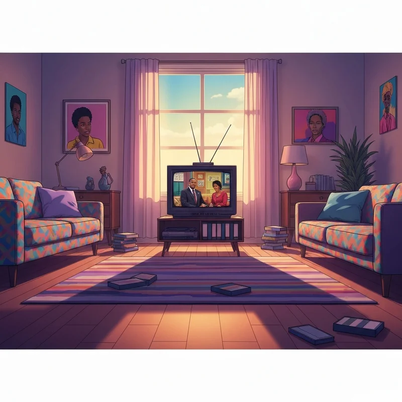 A nostalgic collage of 90s black tv shows representing a living room with a classic tube television and urban decor.