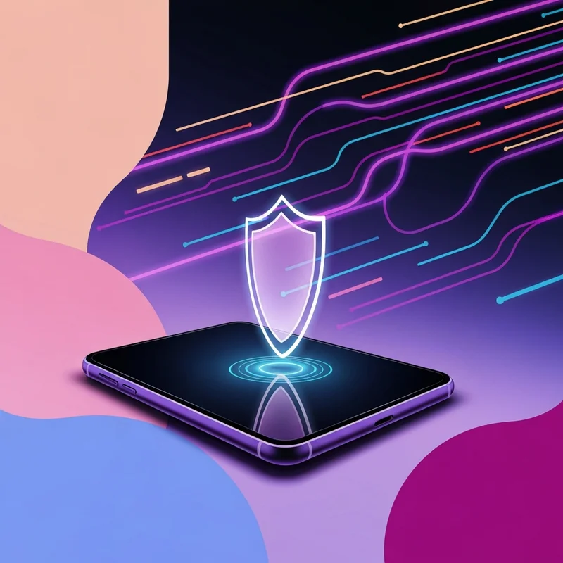 A high-tech digital security shield protecting a mobile device from glowing purple neon data streams, representing the safety and navigation of cumn.fun.