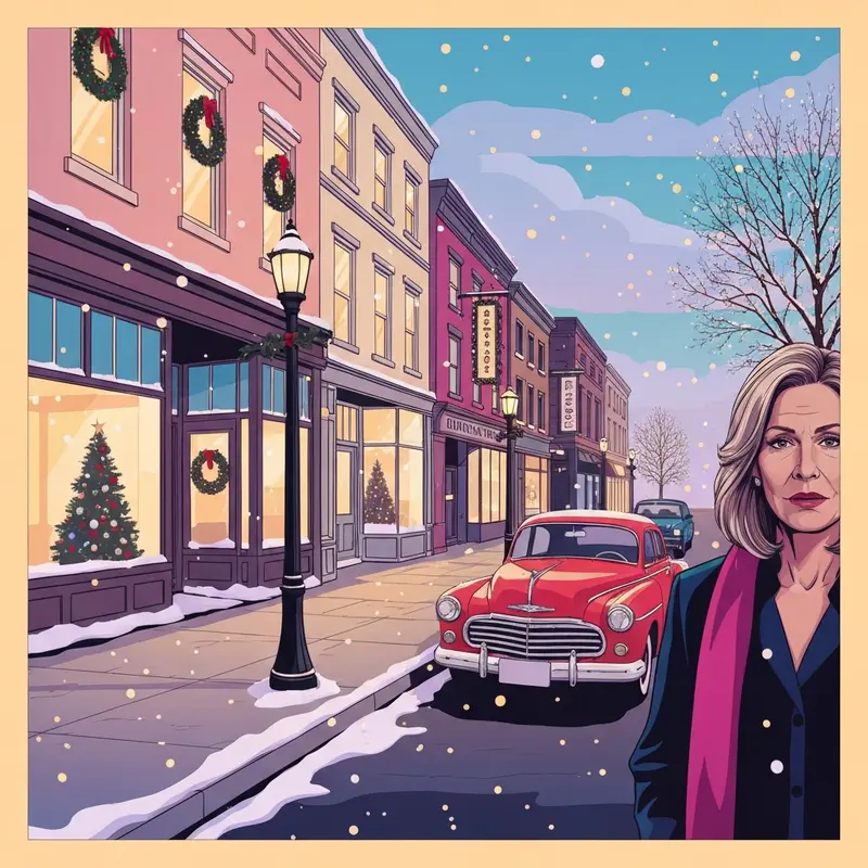 The love you like christmas cast including a man and woman in winter coats standing in a snowy small town setting.