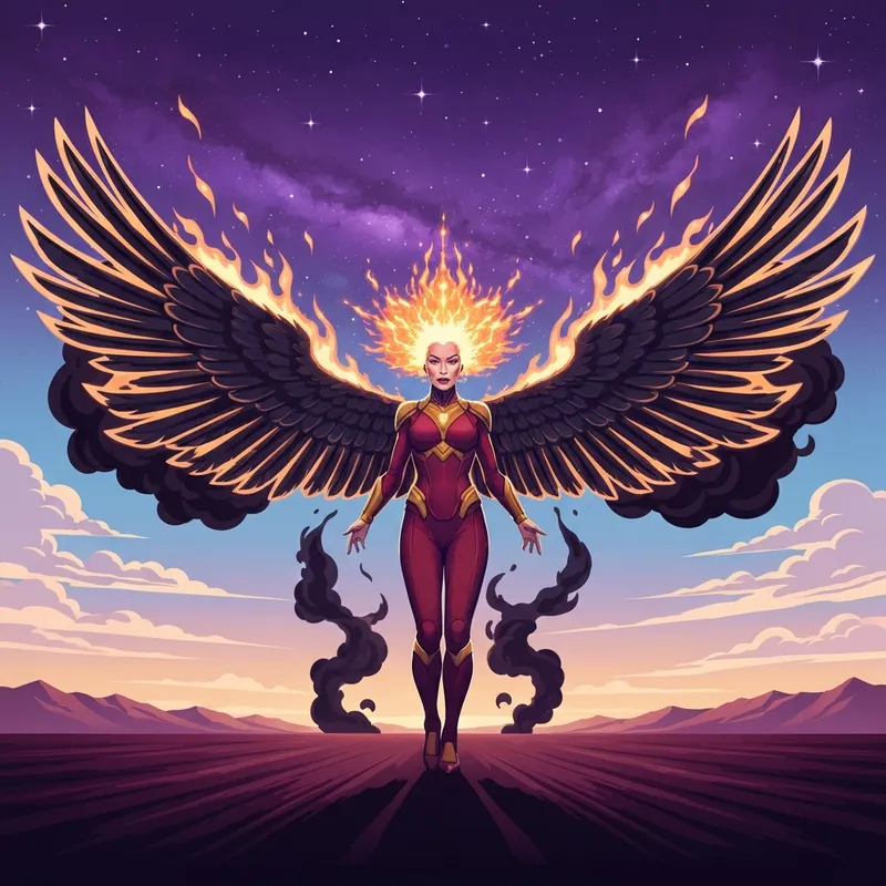 A cinematic representation of the darkness phoenix, a cosmic entity of red fire and black shadows hovering over a desert landscape.