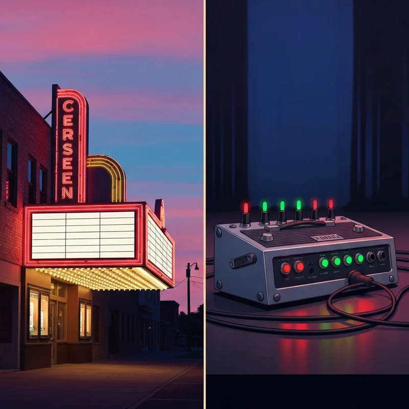 A split-screen visual depicting a modern six-screen cinema entrance alongside a professional Marshall 6-way amplifier footswitch on a stage.