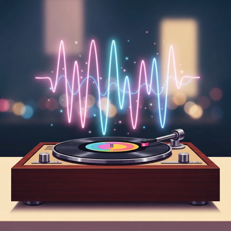 A vintage 70s vinyl record spinning on a turntable with colorful abstract waves representing a five-octave vocal range and the search query riper her up.