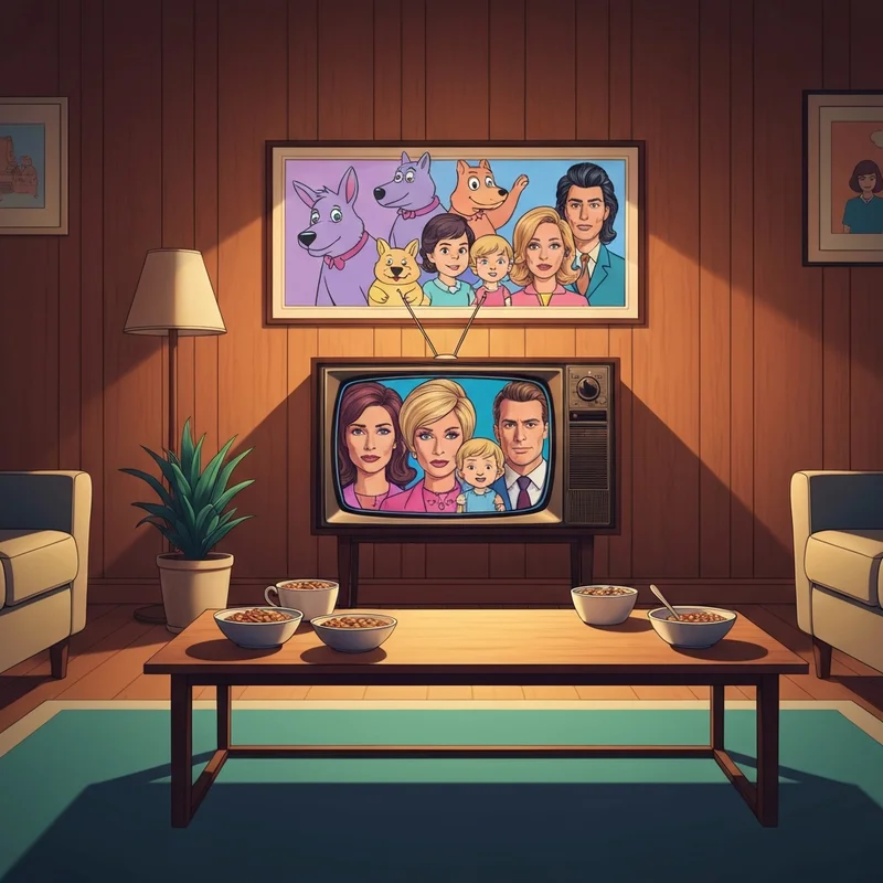 Vintage television screen showing a collage of iconic characters from the hanna barbera tv is best tv show list in a nostalgic 1960s living room setting.