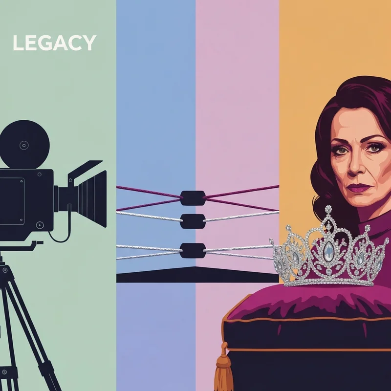 A symbolic representation of Charlie Laine showing three distinct pathways: a film reel, a wrestling ring, and a pageant crown.