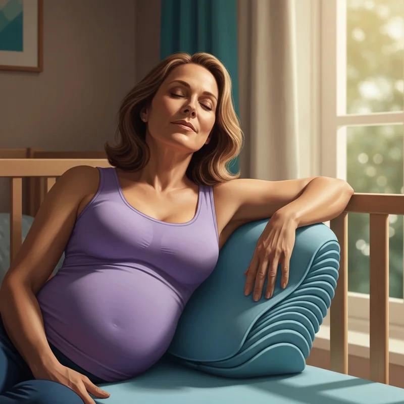 A woman in a supportive lavender maternity bra sitting comfortably with an ergonomic pillow, illustrating postpartum comfort and care for mom big tits.