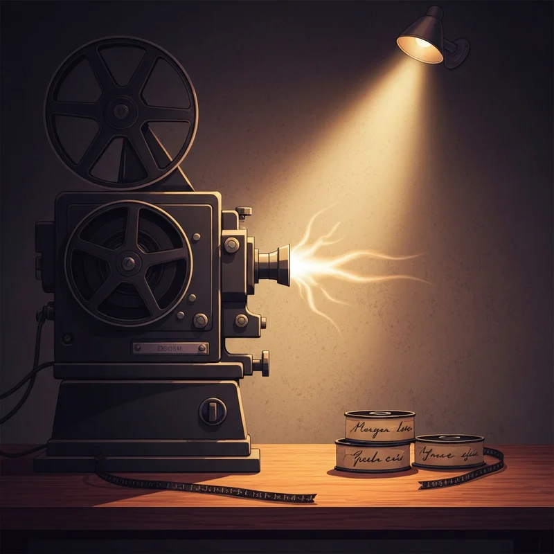 A cinematic, moody representation of 1970s film reels and a vintage projector in a dimly lit room, symbolizing the history of snuff films.