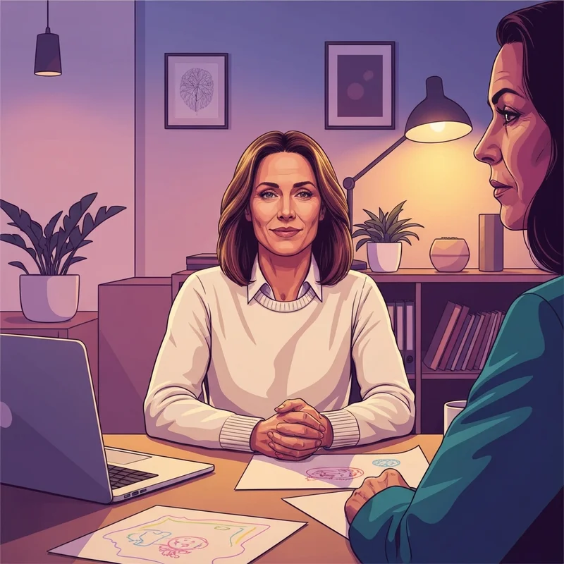 A serene, professional woman sitting in a warm, sunlit home office, representing the balance taught by Rebecca Olson.