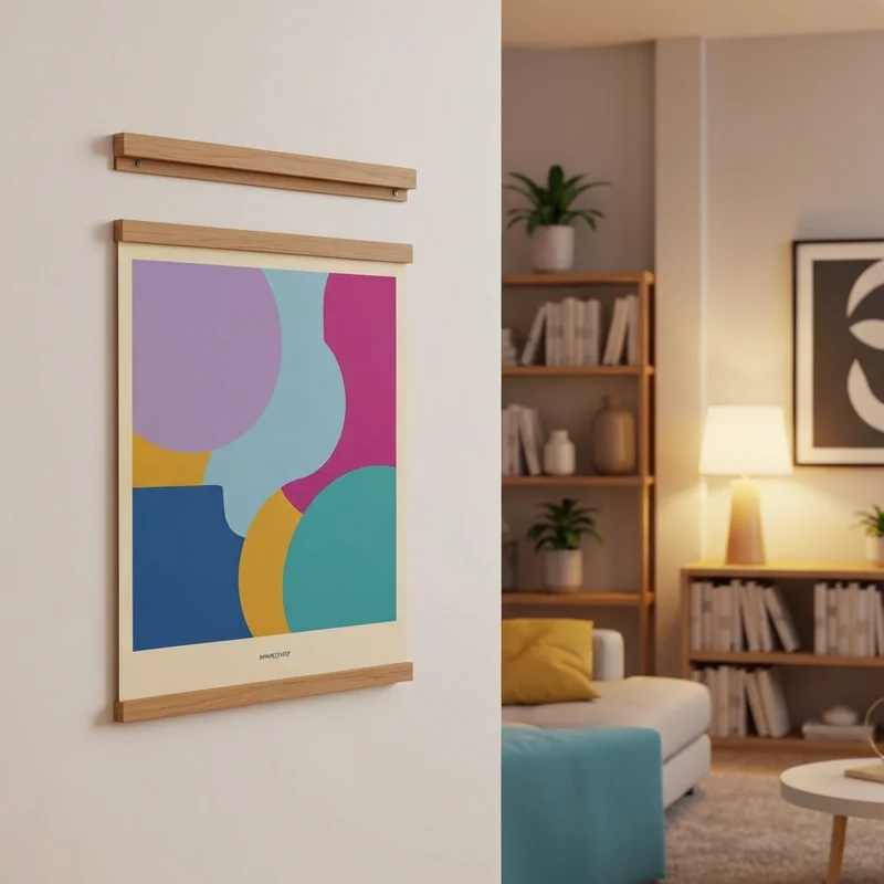 A sleek wooden magnetic movie hanger holding a minimalist movie poster in a modern home theater.