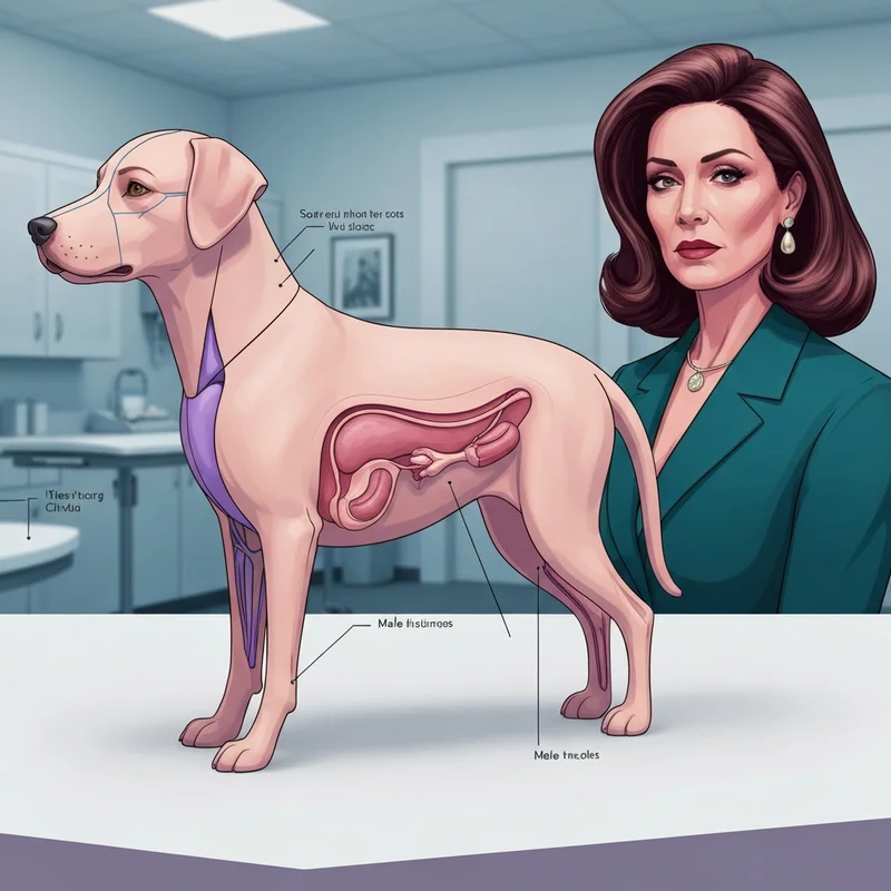 A detailed, clinical illustration showing the canine anatomy of a male dog including the bulbus glandis and prepuce to help owners understand the dog dick health markers.