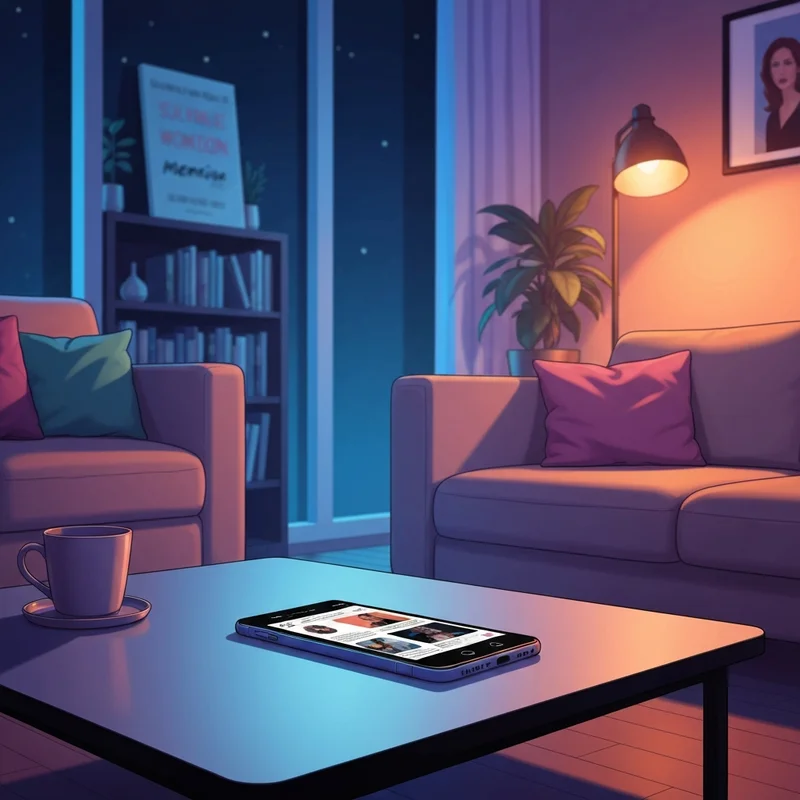 A symbolic digital illustration of the jd vance couch story showing a glowing tablet with a blurred book cover and abstract social media icons in the background.