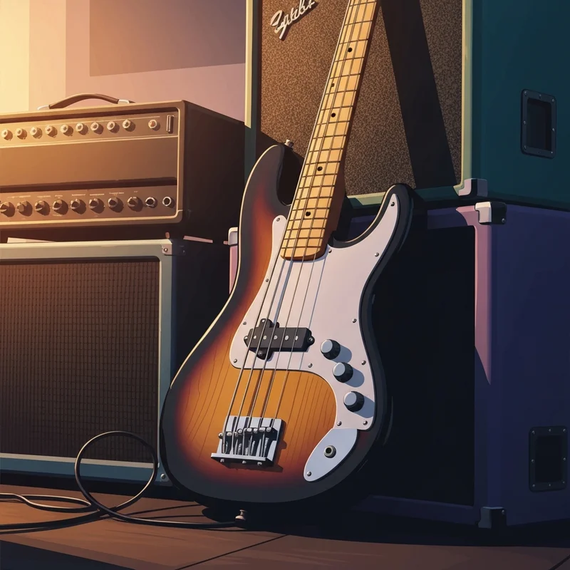 A high-end michael bass fender precision model with an ash body and thick C-shape neck resting against a vintage amplifier.