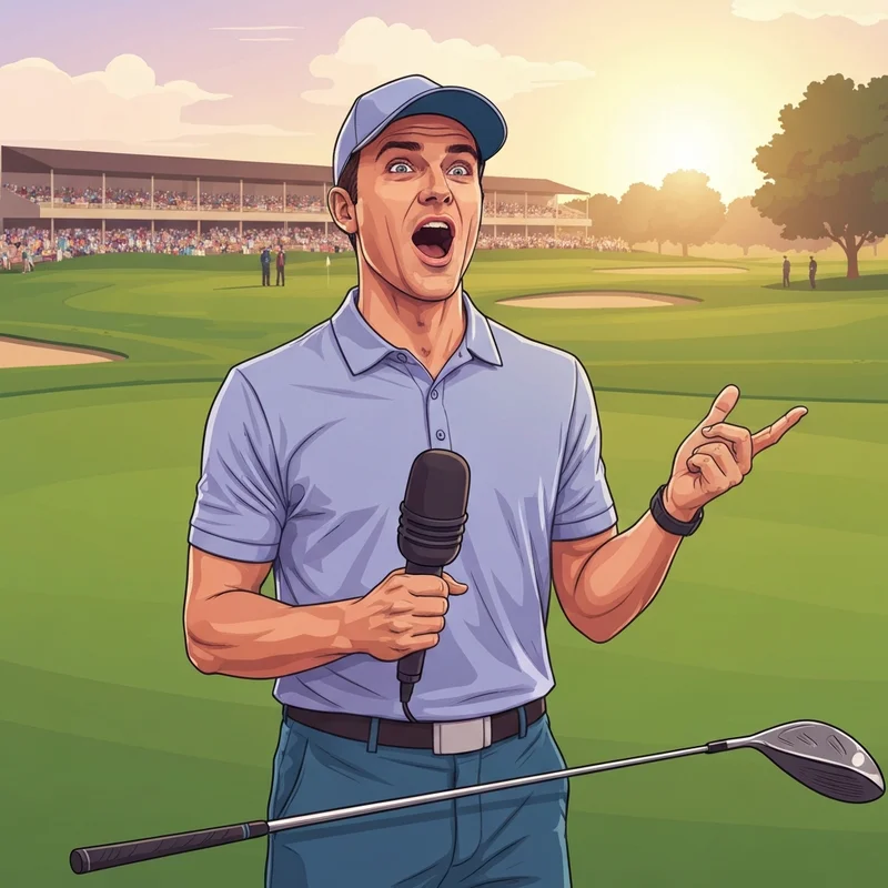 A high-energy male comedian on a lush green golf course, wearing a stylish country club polo, holding a microphone while gesturing toward a golf ball, cinematic 8k lighting, focusing on the persona of jake adams.