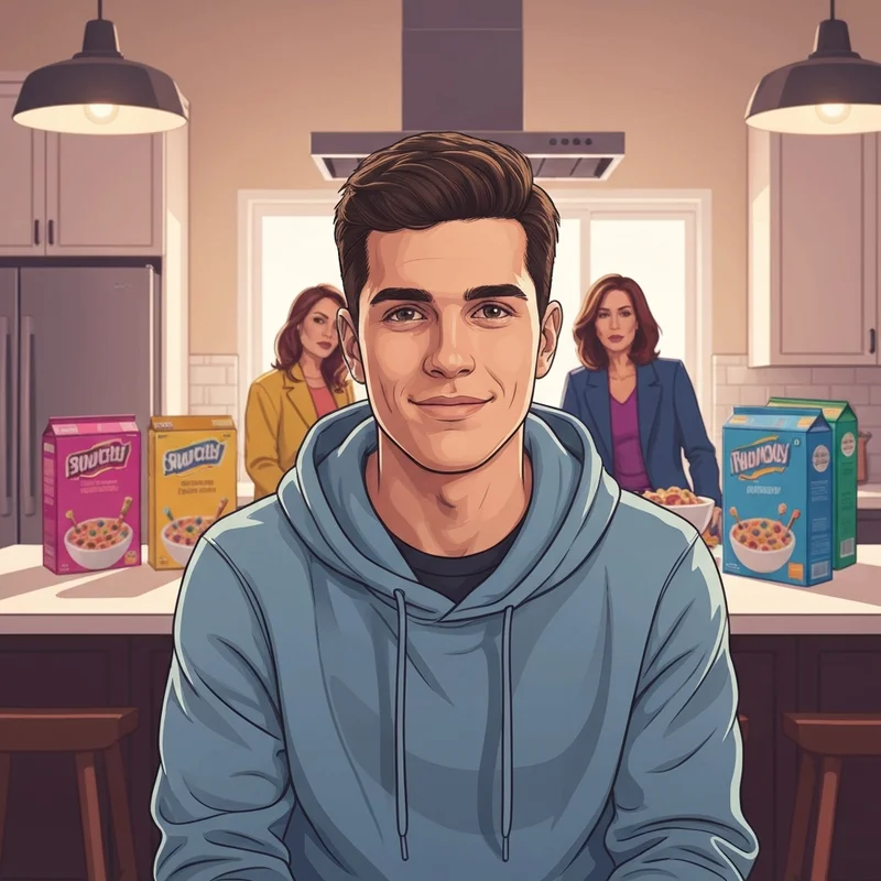 A visual representation of Alex Dougherty as a modern digital influencer and his role in a large family dynamic.