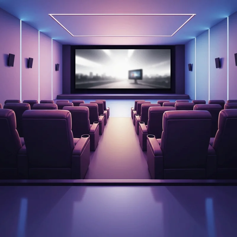 A modern, dimly lit movie theater interior in Rochester MN with luxury recliners and a glowing wide screen.