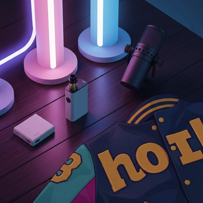 A sleek 2g disposable vape pen next to a microphone and a pair of athletic cleats, representing the diverse entities of the big high.