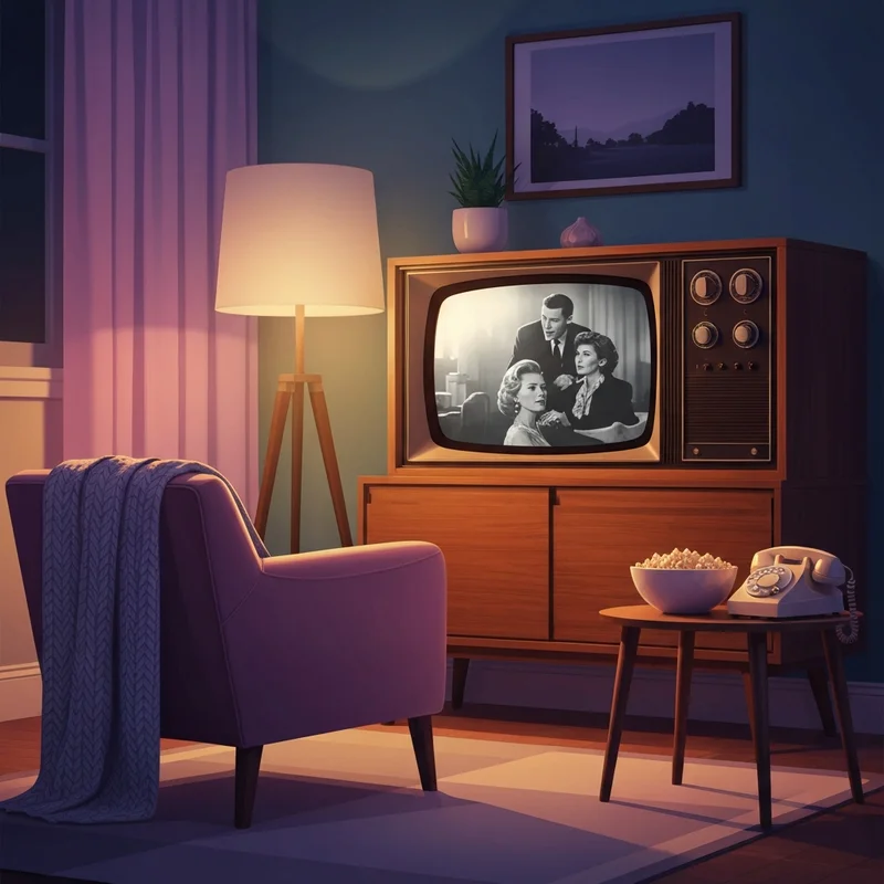 A nostalgic living room with a vintage TV showing movies about 50s classics.